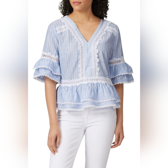 J. Crew Tops - J. Crew Light Blue Lace Trimmed Short Sleeve Top